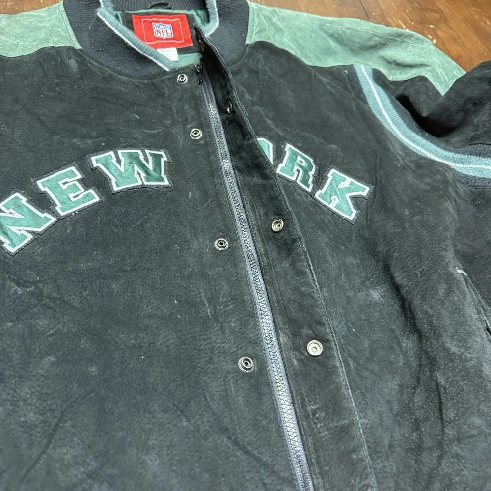 Vintage 90s Y2k New York Jets‎ NFL Suede Varsity Bomber Jacket size 5XL